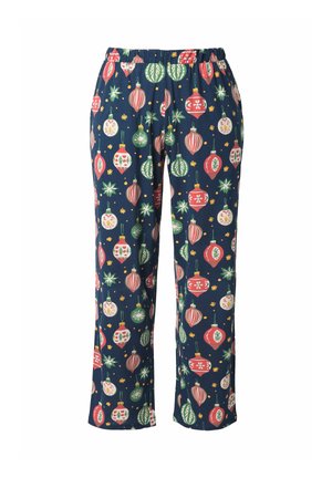 Marineblaue Schlafanzughosen mit elastischem Bund, verziert mit roten, grünen und weißen Vintage-Christbaumschmuckmustern.