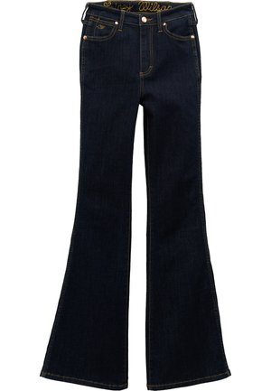 Mørkeblå denimjeans med vide ben, frontlommer, knappelukking og brodert merkenavn på innsiden av midjebåndet.