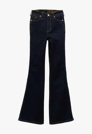 Σκούρο μπλε τζιν με καμπανίστικα πόδια, μπροστινές τσέπες, κλείσιμο με κουμπί και κεντημένο όνομα μάρκας μέσα στη μέση της ζώνης.