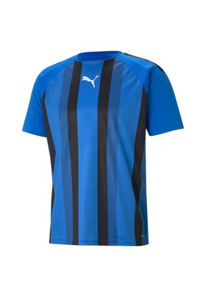Blauwe sport T-shirt met korte mouwen, voorzien van verticale zwarte strepen, een gestructureerd design en een wit logo op de borst. Lichtgewicht materiaal.