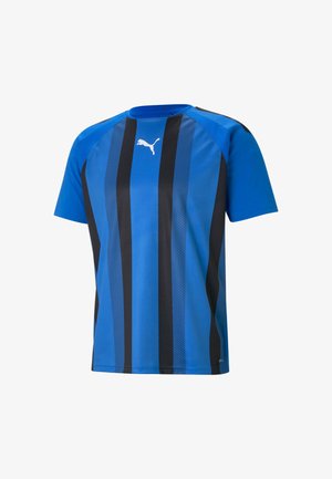 Blaues kurzärmeliges Sport-T-Shirt mit vertikalen schwarzen Streifen, strukturiertem Design und weißem Logo auf der Brust. Leichtes Material.