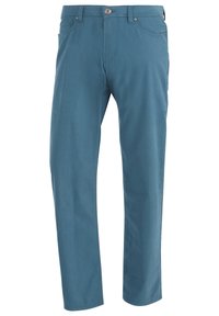 Blaue Baumwollhose mit geradem Bein, ausgestattet mit einem vorderen Reißverschluss, Knopfverschluss und Gürtelschlaufen. Keine sichtbaren Muster oder Akzente.