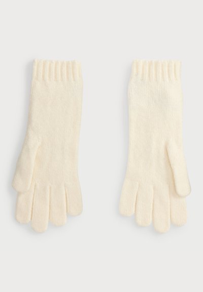 Luvas de lã de cor creme com punhos canelados e design de cinco dedos. Textura suave, forma simples, adequadas para o tempo frio.