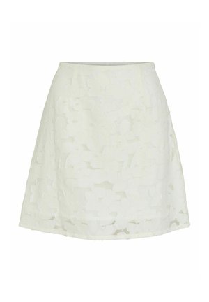 Biela sukňa áčkového strihu s vystúpeným kvetinovým čipkovým vzorom a priliehavým pásom.