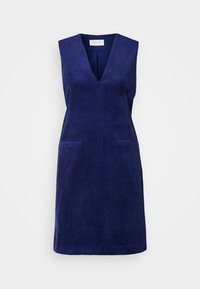 Námorníckomodr dress s kordurovým vzorom, s výstrihom do V, bez rukávov a s dvoma prednými vreckami. Textúrovaná tkanina, rovný strih.