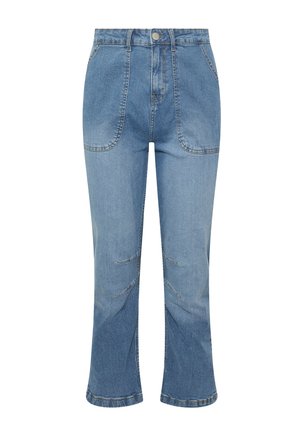 Hellblaue Jeans aus Denim mit hoher Taille, verkürzten, ausgestellten Beinen, vorderen Taschen und subtilen Ausbleichungen im Stoff. Mit Stahlknopfverschluss.