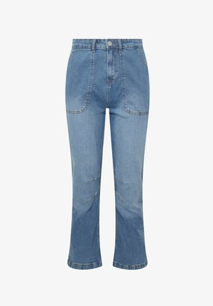 Lysblå denim jeans med høj talje, cropped flared ben, forlommer og subtile falmende detaljer på stoffet. Stålknap lukning.