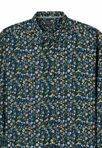 Hemd mit floralem Muster auf dunkelblauem Grund, mit gelben, weißen und türkisfarbenen Blumen, Knopfverschluss und kleinem Kentkragen.