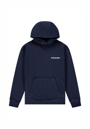 Navyblauwe hoodie gemaakt van een katoenmix, met een voorzak in kangoeroestijl en een witte logo "POCKIES" op de borst.