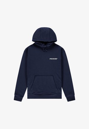 Tamarno modra kapuca iz bombažne mešanice, z sprednjim kengurujskim žepom in belim logotipom "POCKIES" na prsih.
