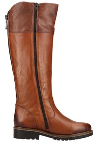 Botte haute marron en cuir avec une tige texturée, une fermeture éclair latérale et une semelle noire épaisse. Finition lisse avec un aspect légèrement poli.