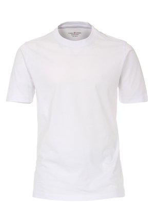Weißes T-Shirt mit kurzen Ärmeln aus Baumwolle, mit Rundhalsausschnitt und kleinem Logo auf der Brust, glatte Textur und klassischer Schnitt.