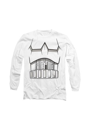 Weißes Langarmhemd mit einem schwarzen und grauen abstrakten geometrischen Design auf der Vorderseite, das einer Rüstung oder Maschine ähnelt.