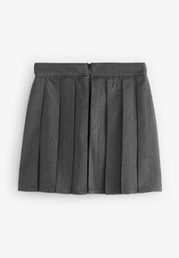 Gonna plissettata grigia con zip sul retro, realizzata in un tessuto testurizzato, caratterizzata da una vita aderente e pieghe uniformi.