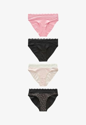 Four pairs of women's underwear: light pink, black, cream striped, and black with a pink pattern. All feature lace trim at the waistband.