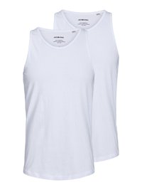 Deux débardeurs en coton blancs sans manches, avec un col rond et une texture lisse. Design minimaliste, disponibles en pack.