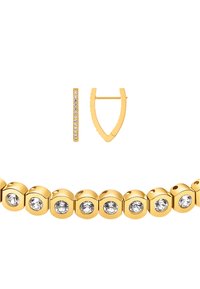 Ensemble de bijoux couleur or comprenant un bracelet avec des maillons ronds et des cristaux transparents incrustés, ainsi que deux boucles d'oreilles : une barre droite verticale et une forme en U.