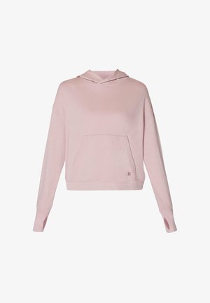 Lichtroze cropped hoodie met kangoeroezak en duimgaten op de lange mouwen, tegen een witte achtergrond.
