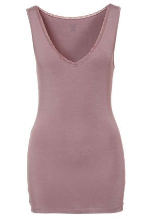V-hals ærmeløs top i blød lyserød stof med en tætsiddende form, der har delikat blondekant langs udskæringen og armhulerne.