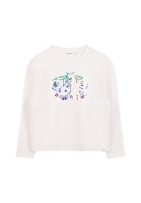 Witte langarmshirt met een glanzende, kleurrijke mot graphic en de tekst "The Was You Stay" op de voorkant in het midden.