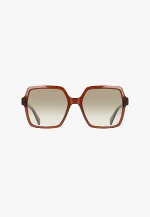 Lunettes de soleil carrées surdimensionnées avec montures marron translucides et verres marron dégradés, vues de face sur fond blanc.