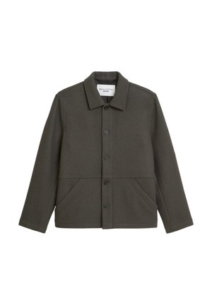 Dark green wool jacket with a collared neckline, front button closure, and two lower pockets. Features a straight cut and textured fabric.