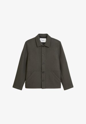 Dunkelgrüne Wolljacke mit einem Kragen-Ausschnitt, vorderem Knopfverschluss und zwei unteren Taschen. Verfügt über eine gerade Passform und ein strukturiertes Material.