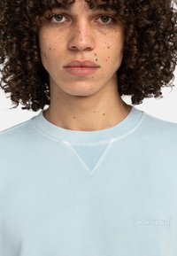 Lyseblå sweatshirt med ribbet rundhals, tekstureret syning detaljer ved kraven og broderet logo på brystet.