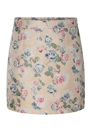 Falda beige línea A con rayas diagonales y bordado floral multicolor en rosa, azul, blanco y hojas verdes.