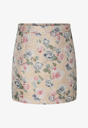 Beige A-lijn rok met diagonale strepen en meerkleurige bloemenborduursels in roze, blauw, wit en groene bladeren.