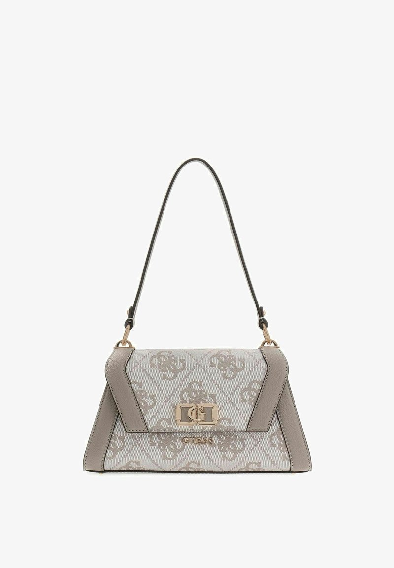Petit sac à main Guess beige et taupe avec motif monogramme, fermoir logo doré et une seule bandoulière supérieure.
