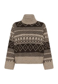 Strickpullover mit einem halbhohen Kragen, der ein geometrisches Muster in Dunkelbraun und Beige aufweist, mit geripptem Saum und Bündchen.