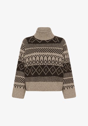 Dzianinowy sweter z półgolfem, z geometrycznym wzorem w ciemnym brązie i beżu, z prążkowanym dołem i mankietami.