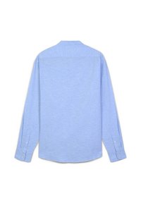 Camicia azzurro chiaro a maniche lunghe con colletto e polsini abbottonati. Realizzata in un tessuto liscio e texture. Nessun motivo visibile. Vista posteriore mostrata.