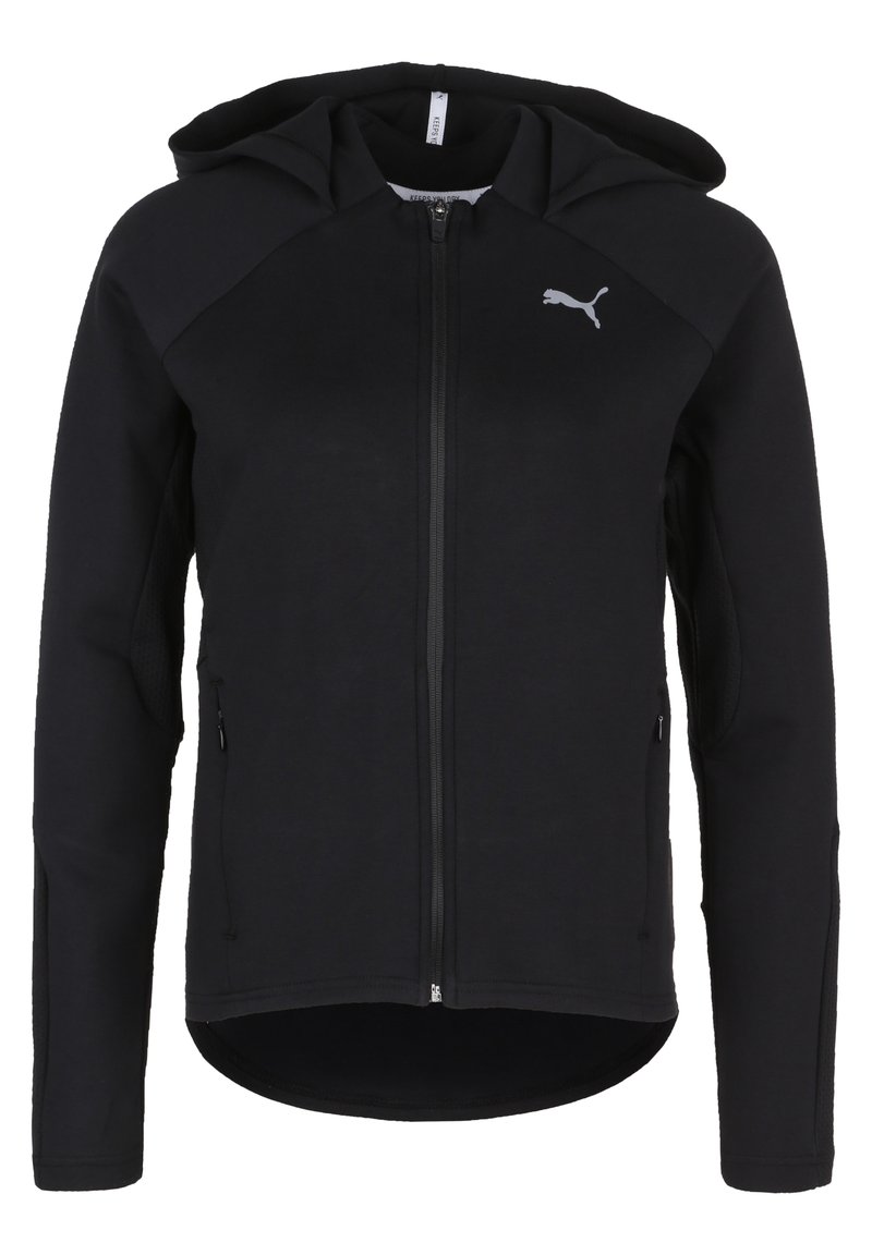 Felpa nera con zip e cappuccio regolabile, realizzata in tessuto leggero, con maniche lunghe e logo Puma grigio sul lato sinistro in alto.