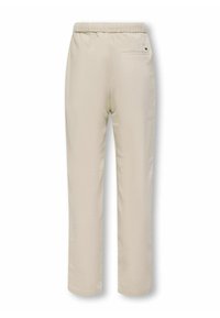 Beige, lässige Hose mit elastischem Bund und einer einzelnen Gesäßtasche. Glatte Textur und gerades Bein.