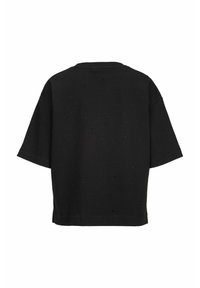 Schwarzes Kurzarm-T-Shirt mit entspannter Passform, mit einer strukturierten Oberfläche, die mit kleinen schwarzen Details versehen ist.