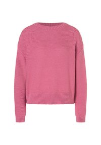 Pink knitted sweater with a round neckline, ribbed cuffs, and hem. Features a textured pattern throughout. Loose-fitting and casual design.