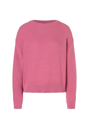 Roze gebreide trui met een ronde halslijn, geribde manchetten en zoom. Voorzien van een textuurpatroon over de hele trui. Losse en casual pasvorm.