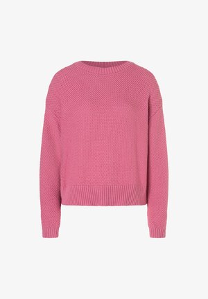 Rosa gestrickter Pullover mit rundem Halsausschnitt, gerippten Ärmelbündchen und Saum. Verfügt über ein strukturiertes Muster über die gesamte Fläche. Lässiger und lockerer Schnitt.