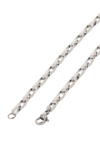 Nerezový řetěz s prolínajícími se obdélníkovými články, se zapínáním na rakouský karabinkový háček pro bezpečné uchycení. Lesklé a strukturované povrchy.