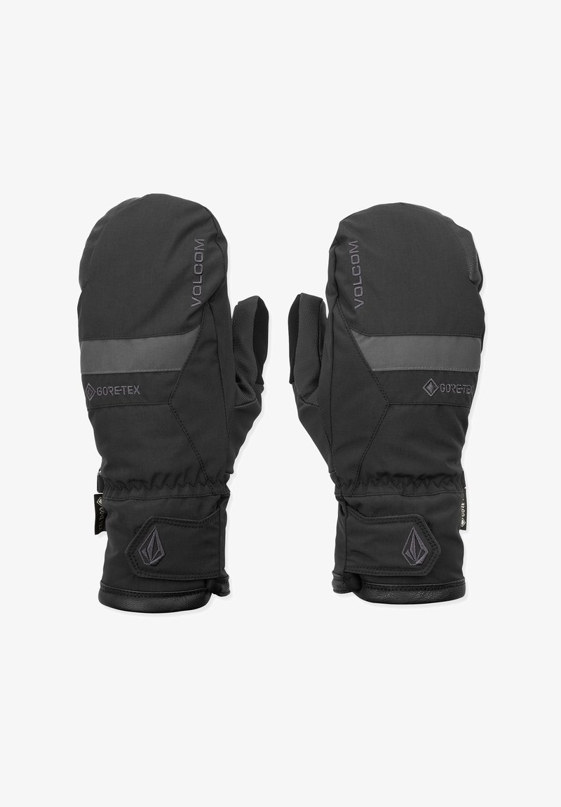 Zwarte Gore-Tex wanten met textuur voor grip, elastische manchetten, verstevigde handpalm en reflecterende accenten. Merkenlogo weergegeven op de buitenkant.