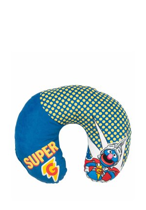U-shaped travel pillow with blue and yellow polka dots, the word "SUPER G," and a cartoon character in a superhero costume.