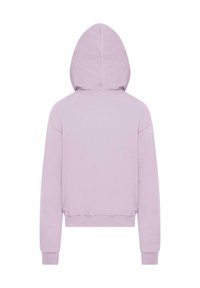 Felpa lilla con cappuccio regolabile, maniche lunghe, polsini e orlo ribattuti. Texture morbida e design minimalista, adatta per un abbigliamento casual.