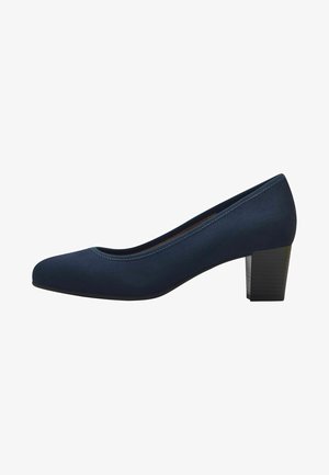 Granatowy zamszowy damski czółenek z zaokrąglonym noskiem i obcasem typu klocek na białym tle.