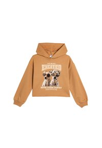 Sudadera corta marrón con un gráfico frontal de dos perros con gafas de sol. El texto incluye "EXCITADO" y "INSPIRA A LOS DEMÁS CADA DÍA" en blanco.