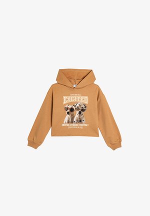 Sudadera corta marrón con un gráfico frontal de dos perros con gafas de sol. El texto incluye "EXCITADO" y "INSPIRA A LOS DEMÁS CADA DÍA" en blanco.