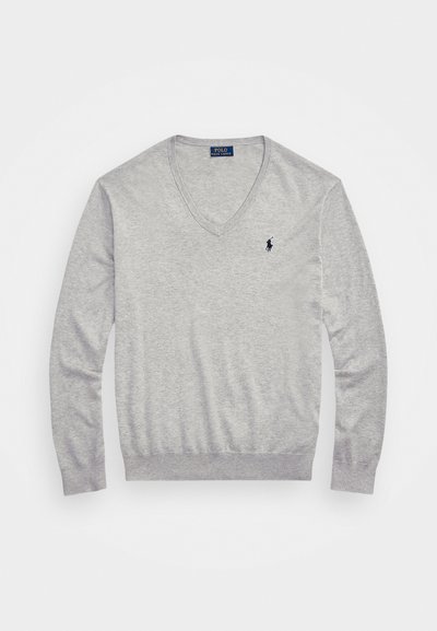 Gray v-neck sweater made of lightweight fabric. Features a ribbed neckline and cuffs, with a small black logo on the chest.