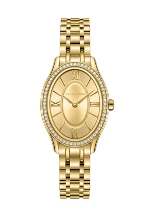 Złocisty owalny zegarek na nadgarstek z ogniwami bransolety, pierścieniem ozdobionym kryształami, rzymskimi cyframi i wskazówkami pokazującymi godzinę 10:10.