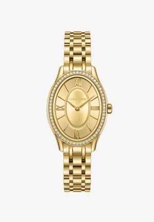 Auksinio tono ovalus laikrodis su jungtiniu apyrankių dirželiu, kristalais puošta bezelė, romėniškais skaitmenimis ir dviem rodyklėmis, rodančiomis 10:10.